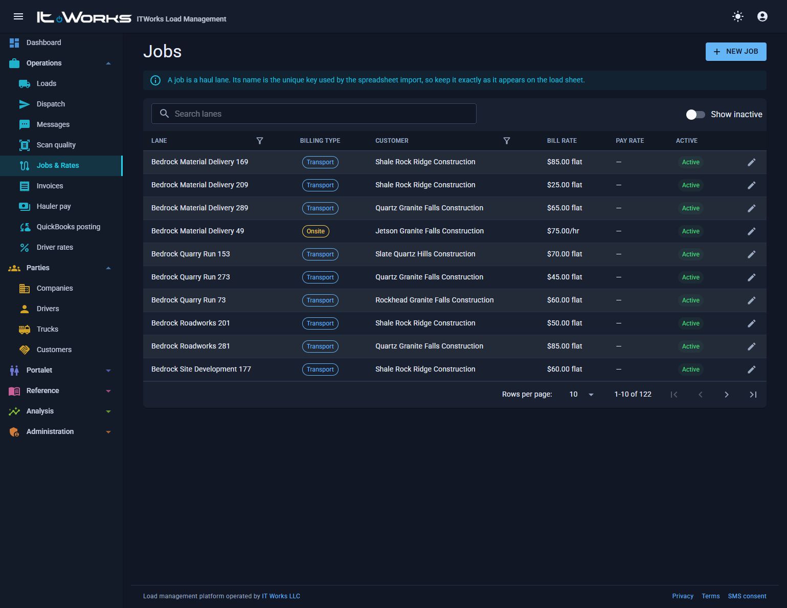 Job and rate management screenshot